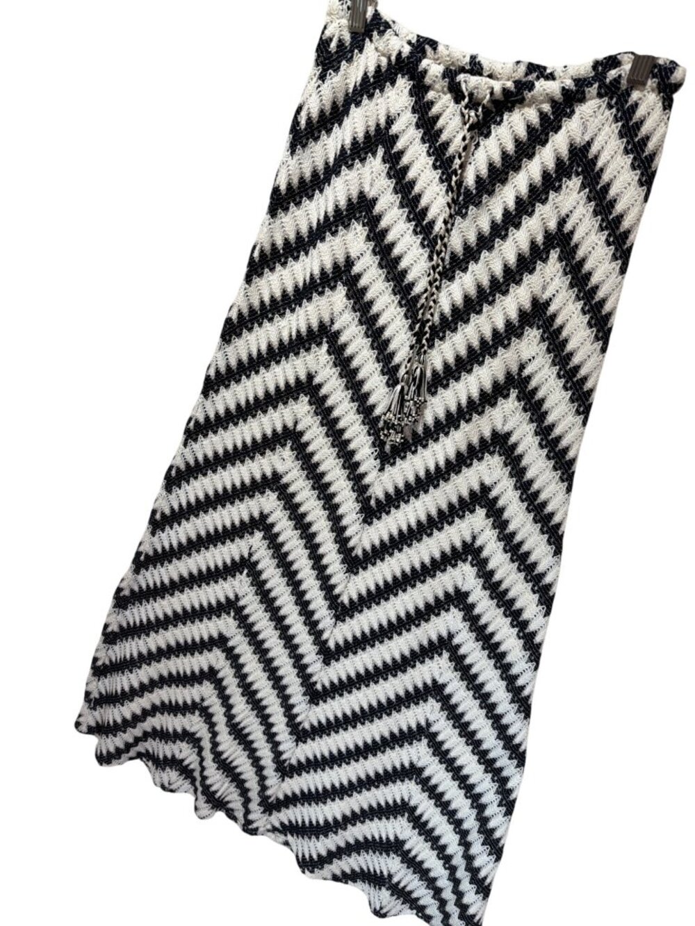 Calypso St. Barth Black & White Chevron Crochet Knit Maxi Skirt With Tassel Tie